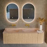 KURVE-DLUX 145cm meubles de salle de bains courbe Droite couleur Oak avec 1 tiroir et 1 porte. Lavabo LEAF Double / Gauche sans trou pour robinet, couleur Saba.-2