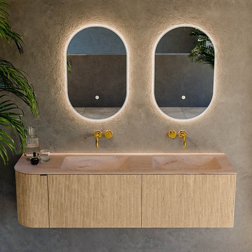 KURVE-DLUX 155cm badmöbel kurve Links farbe Oak mit 2 schubladen und 1 tür. Einbauwaschbecken LEAF Doppelt / Rechts kein hahnloch Saba.-2