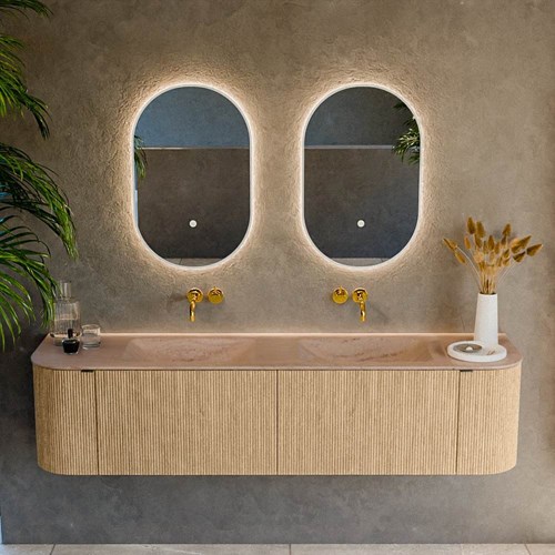 KURVE-DLUX 180cm mueble de baño curva Izquierda + Derecha color Oak con 2 cajones y 2 puertas. Lavabo LEAF Doble sin orificio Saba.-2