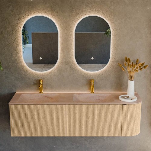 KURVE-DLUX 155cm mueble de baño curva Derecha color Oak con 2 cajones y 1 puerta. Lavabo LEAF Doble / Izquierda 2 orificios Saba.-2