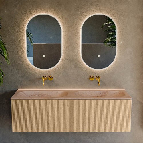 KURVE-DLUX 140cm bathroom vanity set color Oak with 2 drawers and 0 doors. Vanity top STOR SMALL Double without tab hole, color Saba.-2
