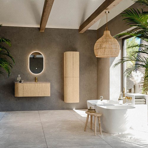 KURVE-DLUX 105cm badmeubel ronding Links kleur Oak met 1 lade en 1 deur. Wastafel BIG SMALL Rechts 1 kraangat Saba.-3