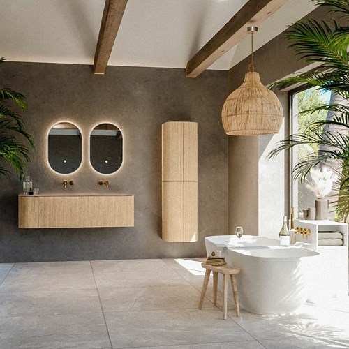 KURVE-DLUX 145cm mobili da bagno curva Sinistra colore Oak con 1 cassetto e 1 porta. Lavabo BIG LARGE Destra senza foro per il rubinetto, colore Saba.-3