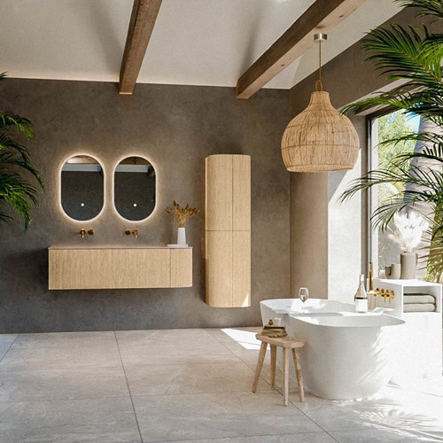 KURVE-DLUX 145cm mueble de baño curva Derecha color Oak con 1 cajón y 1 puerta. Lavabo BIG LARGE Izquierda sin orificio Saba.-3