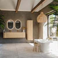 KURVE-DLUX 170cm mobili da bagno curva Sinistra + Destra colore Oak con 1 cassetto e 2 porte. Lavabo LEAF Doppio 2 fori del rubinetto, colore Saba.-3