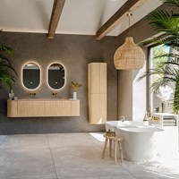 KURVE-DLUX 180cm mueble de baño curva Izquierda + Derecha color Oak con 2 cajones y 2 puertas. Lavabo LEAF Doble sin orificio Saba.-3