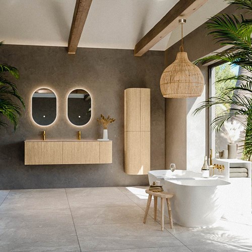 KURVE-DLUX 155cm mueble de baño curva Derecha color Oak con 2 cajones y 1 puerta. Lavabo LEAF Doble / Izquierda 2 orificios Saba.-3