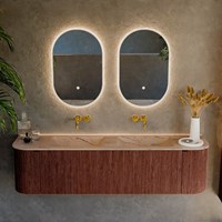 KURVE-DLUX 170cm mobili da bagno curva Sinistra + Destra colore Ruby con 1 cassetto e 2 porte. Lavabo LEAF Doppio senza foro per il rubinetto, colore Arena.-2