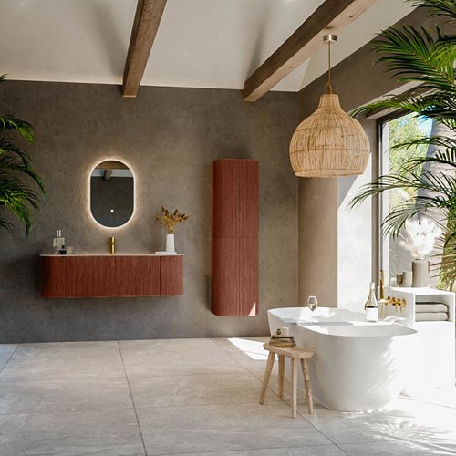 KURVE-DLUX 140cm mobili da bagno curva Sinistra + Destra colore Ruby con 1 cassetto e 2 porte. Lavabo BIG SMALL Centro 1 foro per rubinetto, colore Arena.-3