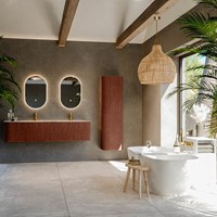 KURVE-DLUX 175cm meubles de salle de bains courbe Gauche couleur Ruby avec 2 tiroirs et 1 porte. Lavabo STOR SMALL Double / Droite 2 trous robinetterie, couleur Meli.-3