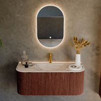 KURVE-DLUX 110cm mobili da bagno curva Sinistra + Destra colore Ruby con 1 cassetto e 2 porte. Lavabo CLOUD Centro 1 foro per rubinetto, colore Nata.-2