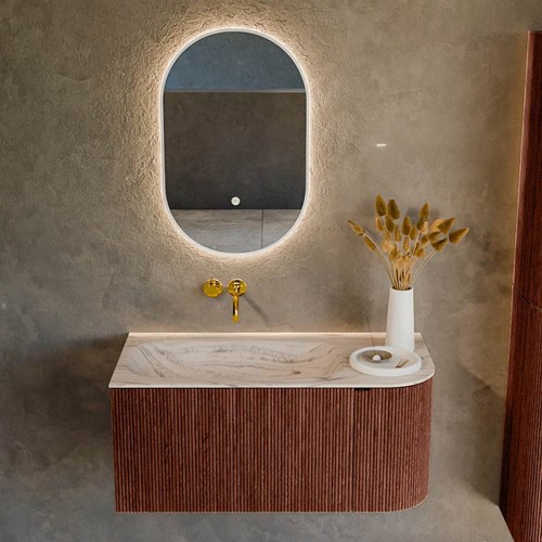 KURVE-DLUX 95cm badmeubel ronding Rechts kleur Ruby met 1 lade en 1 deur. Wastafel BIG SMALL Links zonder kraangat Nata.-2