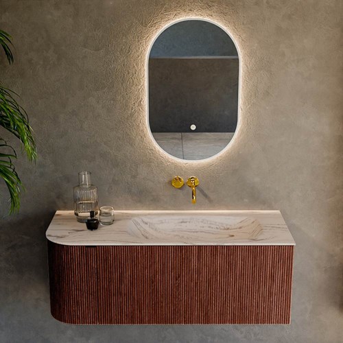 KURVE-DLUX 115cm meubles de salle de bains courbe Gauche couleur Ruby avec 1 tiroir et 1 porte. Lavabo BIG SMALL Droite sans trou pour robinet, couleur Nata.-2