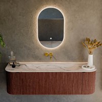 KURVE-DLUX 150cm mueble de baño curva Izquierda + Derecha color Ruby con 1 cajón y 2 puertas. Lavabo BIG MEDIUM Centro sin orificio Nata.-2