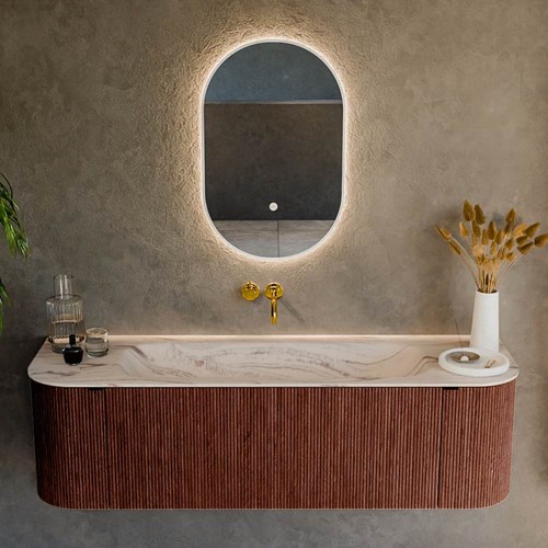 KURVE-DLUX 150cm mueble de baño curva Izquierda + Derecha color Ruby con 1 cajón y 2 puertas. Lavabo BIG MEDIUM Centro sin orificio Nata.-2