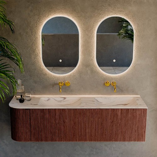 KURVE-DLUX 155cm mobili da bagno curva Sinistra colore Ruby con 2 cassetti e 1 porta. Lavabo LEAF Doppio / Destra senza foro per il rubinetto, colore Nata.-2