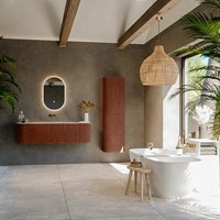 KURVE-DLUX 150cm mueble de baño curva Izquierda + Derecha color Ruby con 1 cajón y 2 puertas. Lavabo BIG MEDIUM Centro sin orificio Nata.-3
