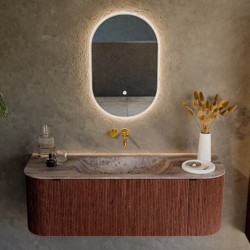 KURVE-DLUX 130cm bathroom vanity set curve Left + Right color Ruby with 1 drawer and 2 doors. Vanity top BIG SMALL Center without tab hole, color Oza.-2