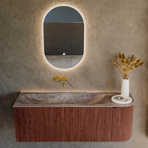KURVE-DLUX 125cm mobili da bagno curva Destra colore Ruby con 1 cassetto e 1 porta. Lavabo BIG MEDIUM Sinistra senza foro per il rubinetto, colore Oza.-2