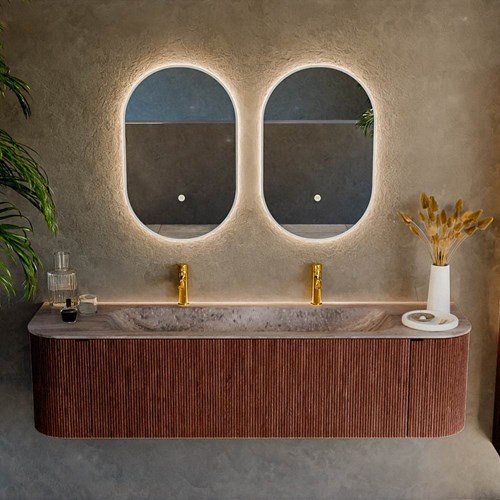 KURVE-DLUX 170cm meubles de salle de bains courbe Gauche + Droite couleur Ruby avec 1 tiroir et 2 portes. Lavabo BIG LARGE Centrée 2 trous robinetterie, couleur Oza.-2