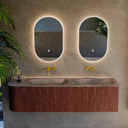 KURVE-DLUX 165cm meubles de salle de bains courbe Gauche couleur Ruby avec 2 tiroirs et 1 porte. Lavabo STOR SMALL Double / Droite sans trou pour robinet, couleur Oza.-2