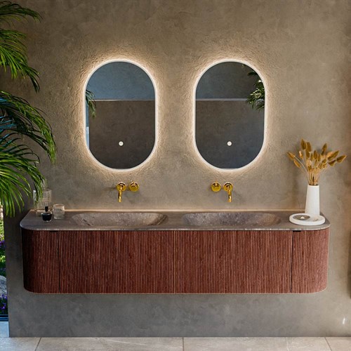 KURVE-DLUX 190cm mueble de baño curva Izquierda + Derecha color Ruby con 2 cajones y 2 puertas. Lavabo STOR SMALL Doble sin orificio Oza.-2