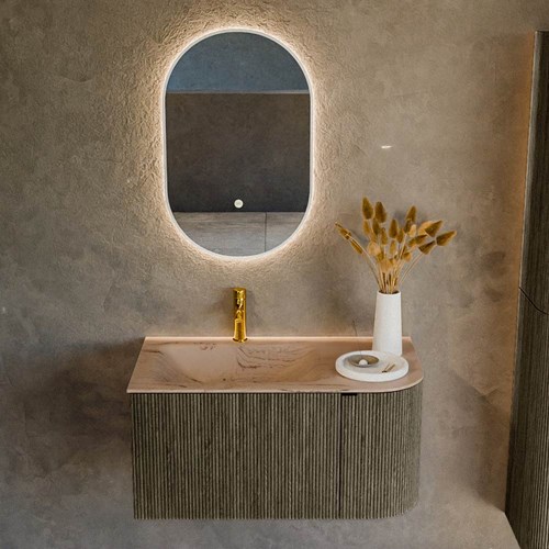 KURVE-DLUX 85cm meubles de salle de bains courbe Droite couleur Shadow avec 1 tiroir et 1 porte. Lavabo CLOUD Gauche 1 trou pour robinetter, couleur Arena.-2