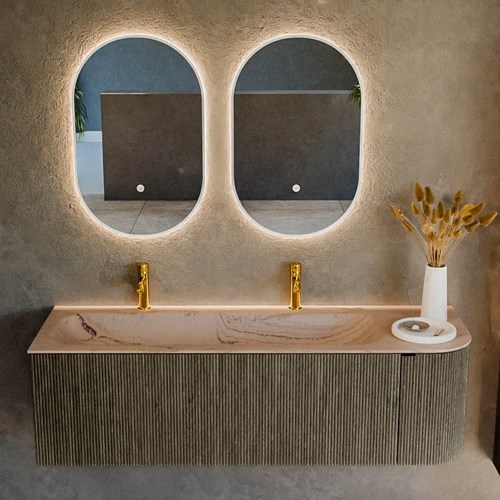KURVE-DLUX 145cm meubles de salle de bains courbe Droite couleur Shadow avec 1 tiroir et 1 porte. Lavabo BIG LARGE Gauche 2 trous robinetterie, couleur Arena.-2