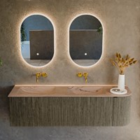 KURVE-DLUX 155cm bathroom vanity set curve Right color Shadow with 2 drawers and 1 door. Vanity top LEAF Double / Left without tab hole, color Arena.-2