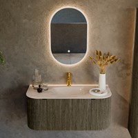 KURVE-DLUX 100cm meubles de salle de bains courbe Gauche + Droite couleur Shadow avec 1 tiroir et 2 portes. Lavabo GRUNNE Centrée 1 trou pour robinetter, couleur Meli.-2