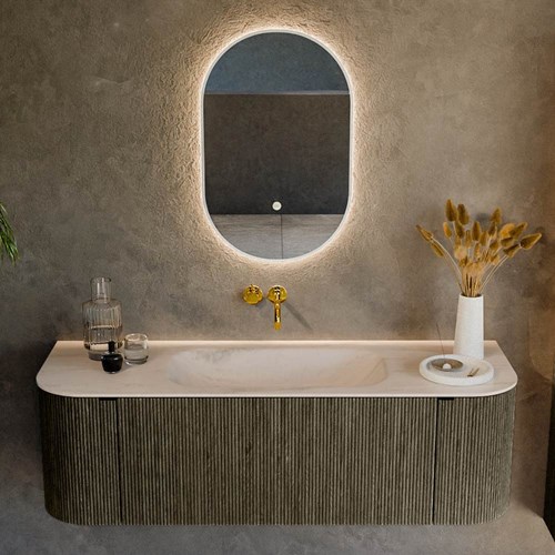 KURVE-DLUX 140cm bathroom vanity set curve Left + Right color Shadow with 1 drawer and 2 doors. Vanity top BIG SMALL Center without tab hole, color Meli.-2
