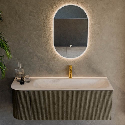 KURVE-DLUX 125cm bathroom vanity set curve Left color Shadow with 1 drawer and 1 door. Vanity top BIG MEDIUM Right 1 tab hole, color Meli.-2