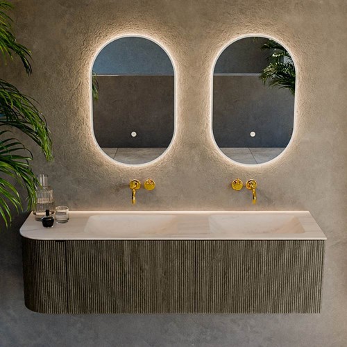 KURVE-DLUX 155cm meubles de salle de bains courbe Gauche couleur Shadow avec 2 tiroirs et 1 porte. Lavabo LEAF Double / Droite sans trou pour robinet, couleur Meli.-2