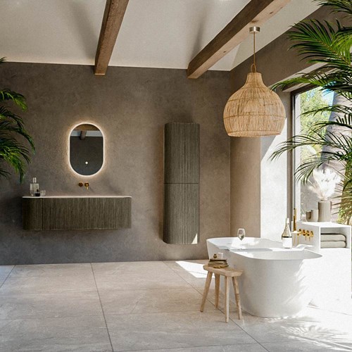 KURVE-DLUX 135cm mobili da bagno curva Sinistra colore Shadow con 1 cassetto e 1 porta. Lavabo BIG MEDIUM Destra senza foro per il rubinetto, colore Meli.-3