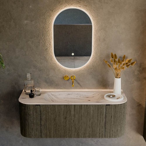 KURVE-DLUX 120cm mobili da bagno curva Sinistra + Destra colore Shadow con 1 cassetto e 2 porte. Lavabo BIG SMALL Centro senza foro per il rubinetto, colore Nata.-2