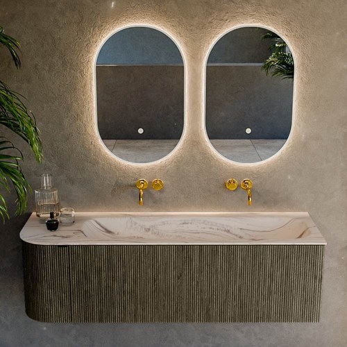 KURVE-DLUX 145cm meubles de salle de bains courbe Gauche couleur Shadow avec 1 tiroir et 1 porte. Lavabo BIG LARGE Droite sans trou pour robinet, couleur Nata.-2