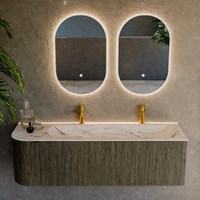 KURVE-DLUX 145cm bathroom vanity set curve Left color Shadow with 1 drawer and 1 door. Vanity top BIG LARGE Right 2 tab holes, color Nata.-2
