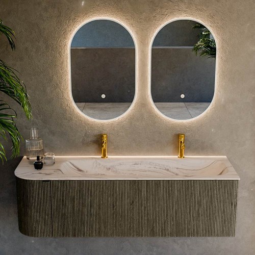 KURVE-DLUX 145cm bathroom vanity set curve Left color Shadow with 1 drawer and 1 door. Vanity top BIG LARGE Right 2 tab holes, color Nata.-2
