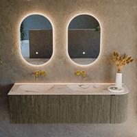KURVE-DLUX 155cm mobili da bagno curva Destra colore Shadow con 2 cassetti e 1 porta. Lavabo LEAF Doppio / Sinistra senza foro per il rubinetto, colore Nata.-2