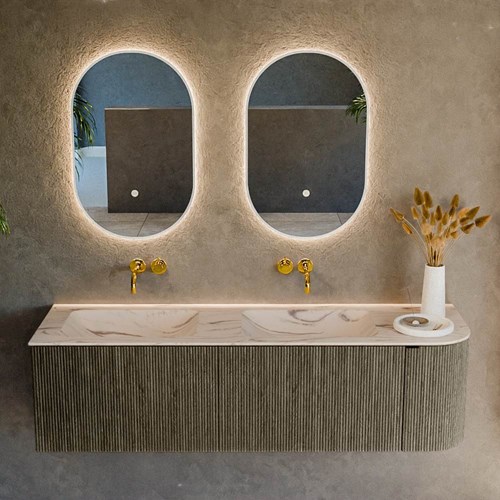 KURVE-DLUX 155cm mobili da bagno curva Destra colore Shadow con 2 cassetti e 1 porta. Lavabo LEAF Doppio / Sinistra senza foro per il rubinetto, colore Nata.-2