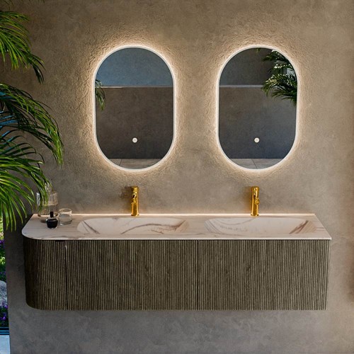 KURVE-DLUX 165cm badmöbel kurve Links farbe Shadow mit 2 schubladen und 1 tür. Einbauwaschbecken STOR SMALL Doppelt / Rechts 2 hahnlöcher Nata.-2