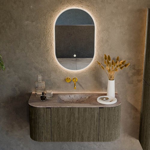 KURVE-DLUX 100cm badmeubel ronding Links + Rechts kleur Shadow met 1 lade en 2 deuren. Wastafel GRUNNE Midden zonder kraangat Oza.-2