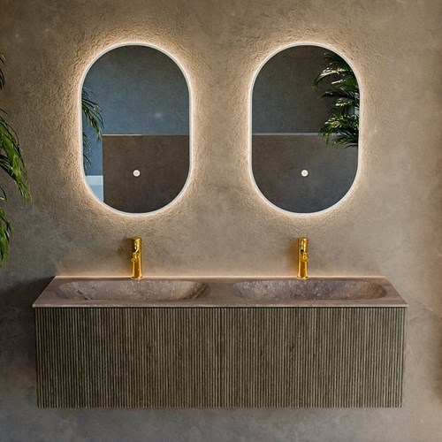 KURVE-DLUX 140cm meubles de salle de bains couleur Shadow avec 2 tiroirs et 0 portes. Lavabo STOR SMALL Double 2 trous robinetterie, couleur Oza.-2