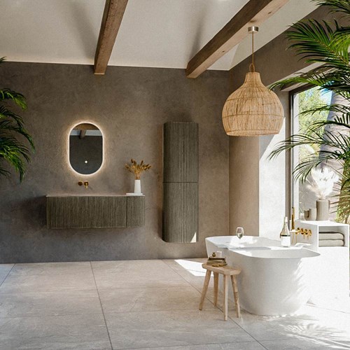 KURVE-DLUX 125cm meubles de salle de bains courbe Droite couleur Shadow avec 1 tiroir et 1 porte. Lavabo BIG MEDIUM Gauche sans trou pour robinet, couleur Oza.-3
