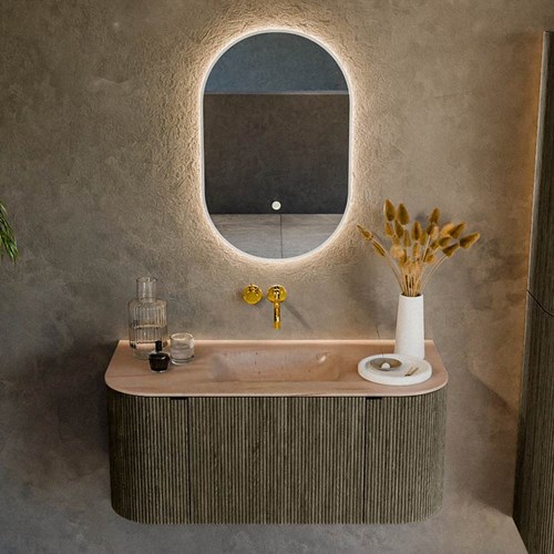 KURVE-DLUX 100cm mobili da bagno curva Sinistra + Destra colore Shadow con 1 cassetto e 2 porte. Lavabo GRUNNE Centro senza foro per il rubinetto, colore Saba.-2