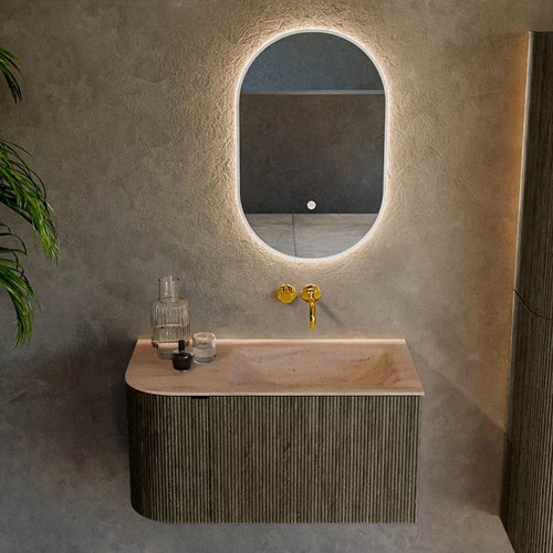 KURVE-DLUX 85cm mobili da bagno curva Sinistra colore Shadow con 1 cassetto e 1 porta. Lavabo CLOUD Destra senza foro per il rubinetto, colore Saba.-2