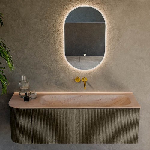 KURVE-DLUX 135cm meubles de salle de bains courbe Gauche couleur Shadow avec 1 tiroir et 1 porte. Lavabo BIG MEDIUM Droite sans trou pour robinet, couleur Saba.-2