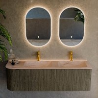 KURVE-DLUX 145cm meubles de salle de bains courbe Gauche couleur Shadow avec 1 tiroir et 1 porte. Lavabo LEAF Double / Droite 2 trous robinetterie, couleur Saba.-2