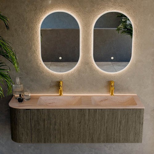 KURVE-DLUX 145cm meubles de salle de bains courbe Gauche couleur Shadow avec 1 tiroir et 1 porte. Lavabo LEAF Double / Droite 2 trous robinetterie, couleur Saba.-2