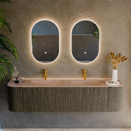 KURVE-DLUX 180cm meubles de salle de bains courbe Gauche + Droite couleur Shadow avec 2 tiroirs et 2 portes. Lavabo LEAF Double 2 trous robinetterie, couleur Saba.-2